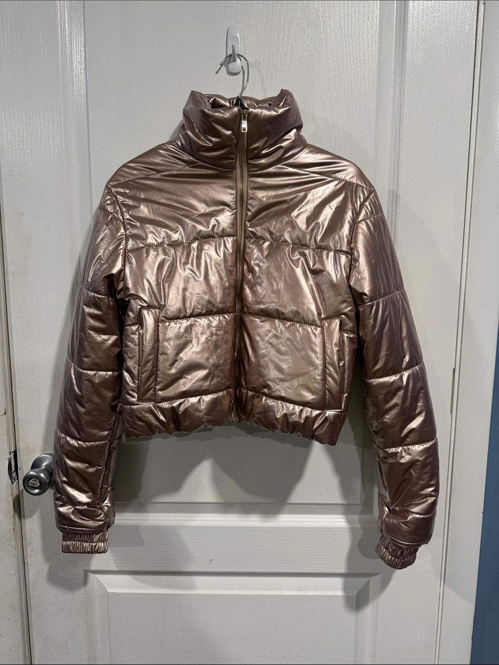 36 Point 5 Metallic Rose Gold Cropped Puffer Jacket
